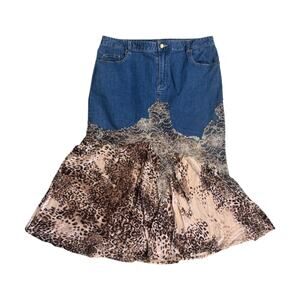 Denim Velvet Leopard Print Maxi Skirt Waist 34” Bohemian Boho